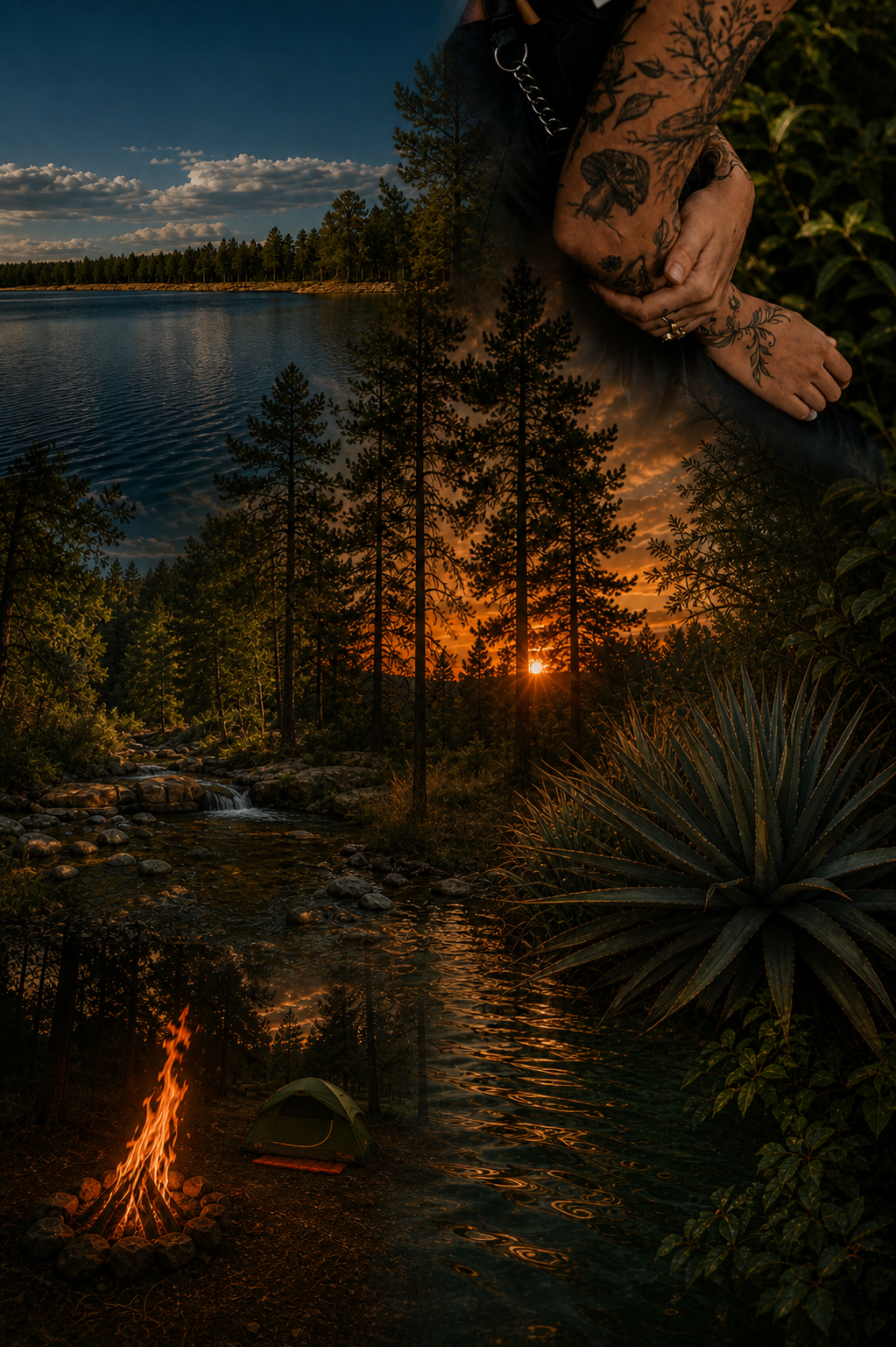 Water, pines, botanical tattoos, desert plants, and camping scenes blended into one landscape